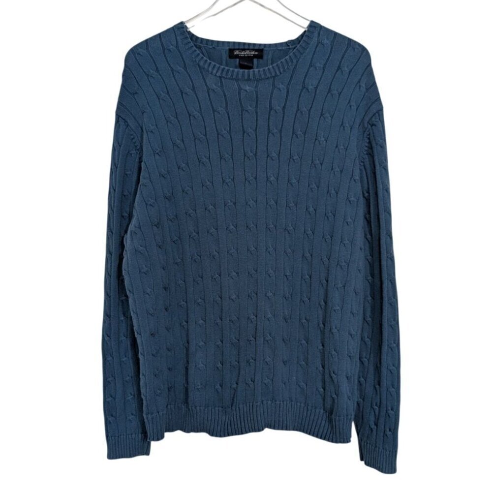 Brooks Brothers Cable Knit Sweater Mens Size XL Blue Pima Cotton Crew Neck